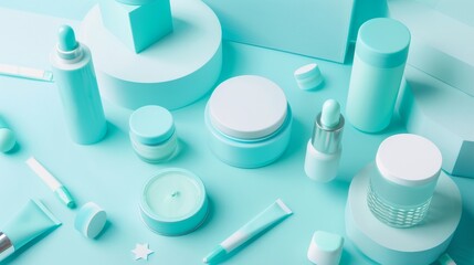 Assorted Turquoise Skincare Products on Matching Background