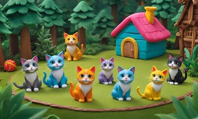 Obraz premium chickens and rooster on the background unusual forest hut 3d in cartoon style