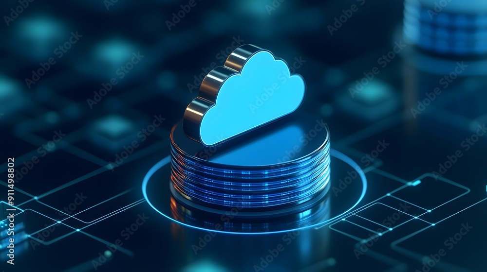 Poster futuristic cloud computing concept with digital data storage. blue light highlights the server infra