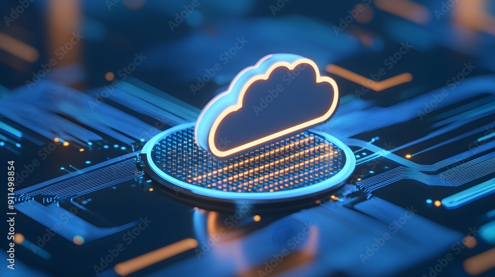 Poster futuristic cloud computing concept with digital glowing cloud on a circuit board background, represe