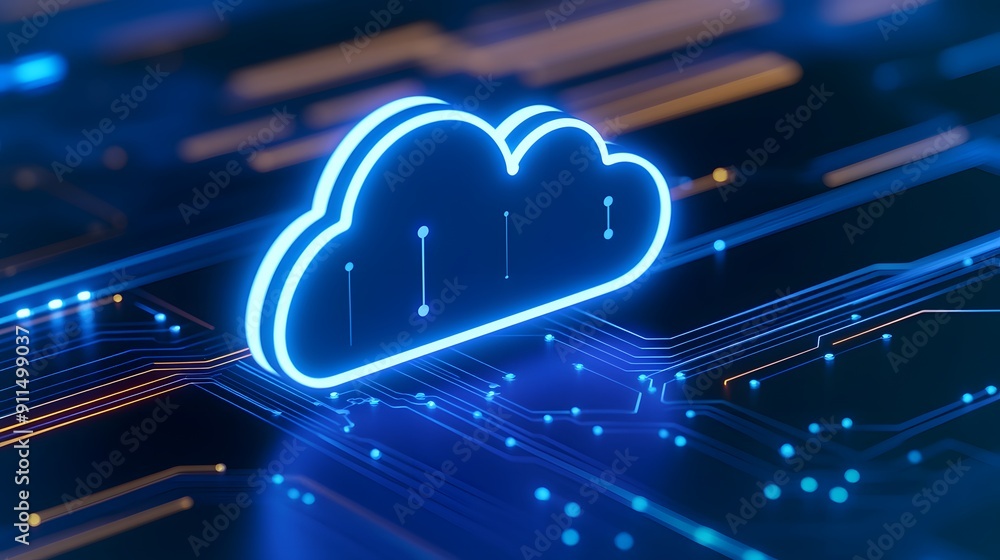 Poster futuristic cloud computing concept with glowing blue cloud icon on advanced circuit board background