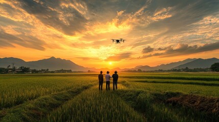 Fototapeta premium Sunset over rice paddies with farmers controlling a drone, representing the future of farming with technology.