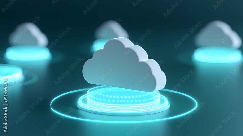 Poster futuristic cloud computing concept with glowing holographic interface, representing data storage and