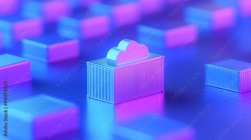 Poster futuristic cloud computing concept with neon colors representing data storage and digital infrastruc