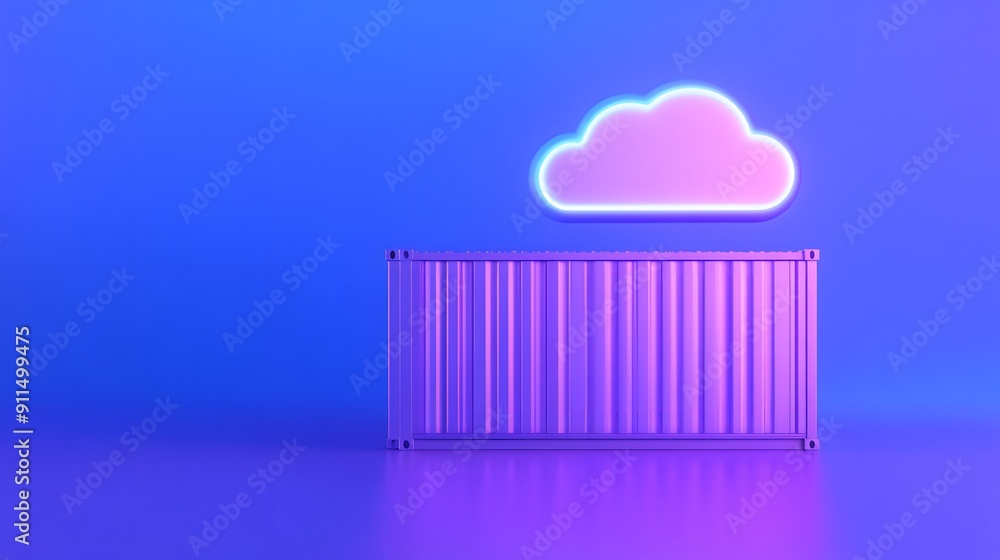 Poster futuristic cloud computing concept with neon lights and a digital container on a blue background. id