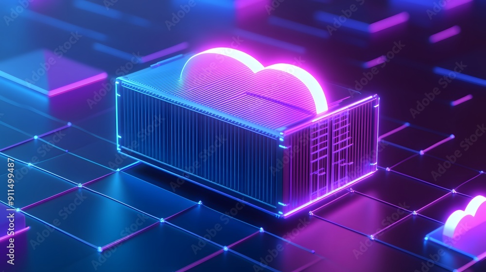 Poster futuristic cloud computing concept with neon lights and digital data storage. digital networking and