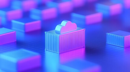 Fototapeta premium Futuristic cloud computing concept with neon colors representing data storage and digital infrastructure in a tech landscape.