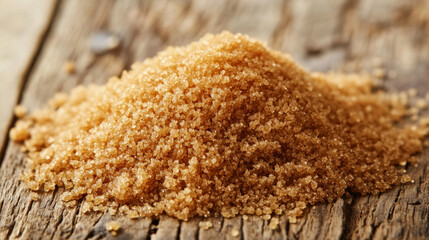 Heap of brown sugar on a wooden surface