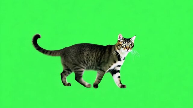 Gray Tabby Cat Walking on Green Screen