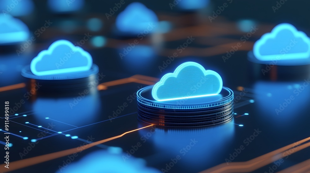 Poster futuristic cloud computing network, digital data storage, and technology infrastructure concept with