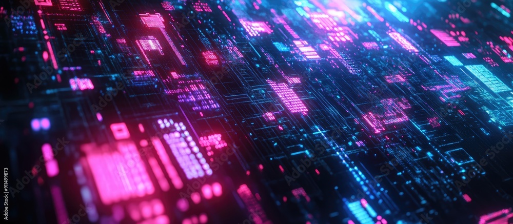 Poster 3d rendering of ai technology text featuring glitch effects and various screen interference patterns