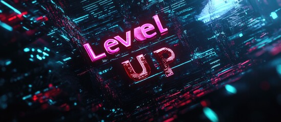 3D rendering of Level Up text featuring dramatic screen effects and technological glitches showcasing various types of visual interference