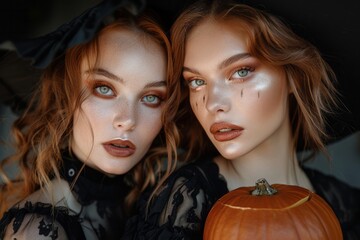 Naklejka premium Portrait of two attractive witch women with a pumpkin