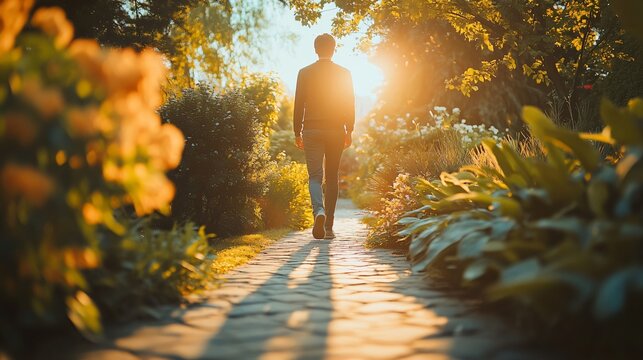 Tranquil Mindfulness Break Remote Worker Relaxes in Garden Oasis for Mental Health and Stress Relief