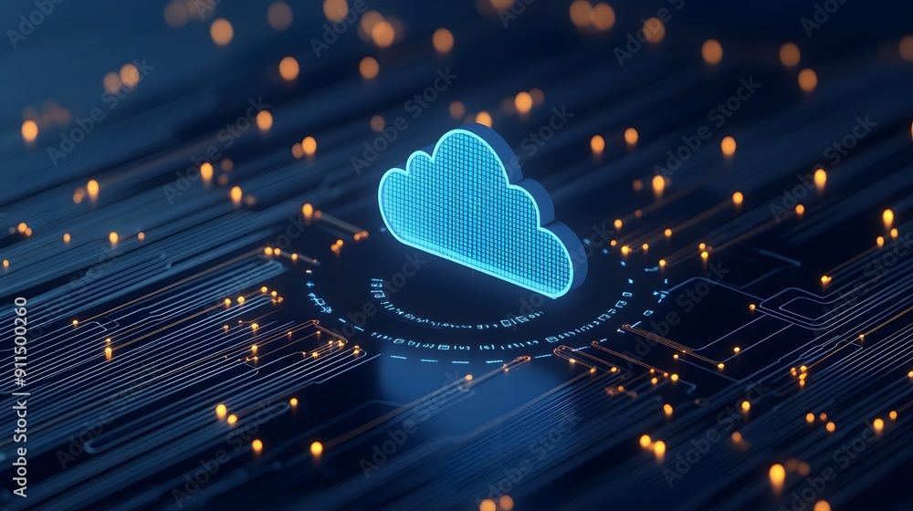 Poster futuristic cloud computing technology concept illustration with digital symbols and glowing lights, 