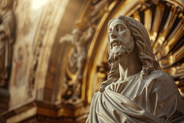 highly detailed Jesus Christ statue inside a church isolated over dark golden color wall carved with ancient roman architectural design, Realistic, rustic, grungy feel.