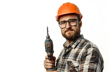 Construction Worker Holding Power Drill on Isolated White Background