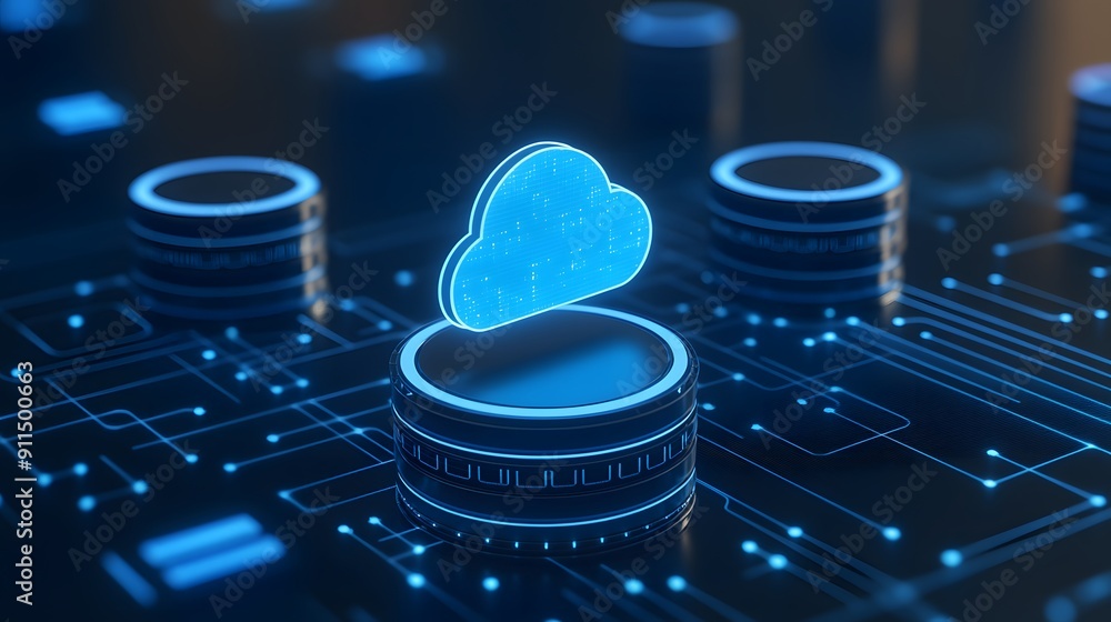 Poster futuristic cloud computing technology concept with digital data network and server storage. blue neo