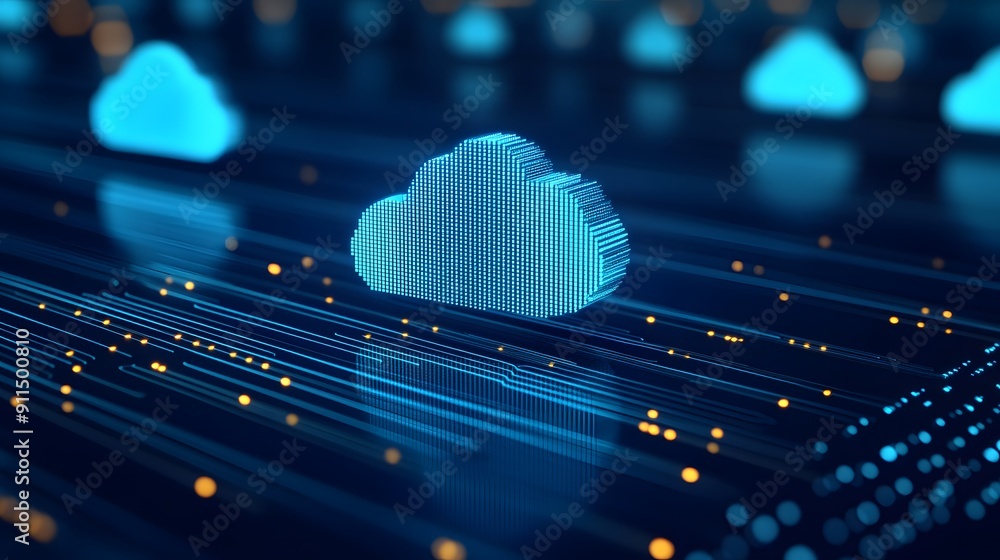 Poster futuristic cloud computing technology concept with glowing data connections, representing digital tr