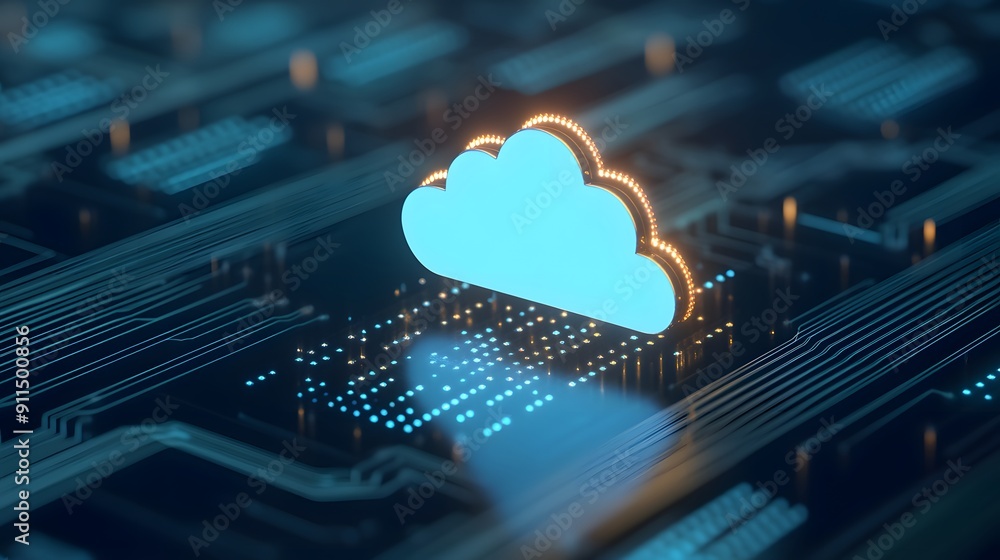 Poster futuristic cloud computing technology concept with glowing digital circuit and virtual cloud symbol 