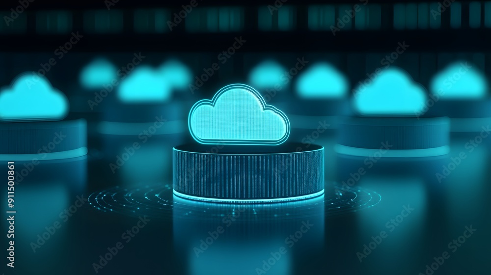 Poster futuristic cloud computing technology concept with glowing data storage servers and digital cloud ic