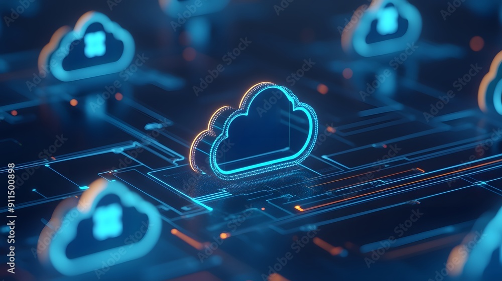 Poster futuristic cloud computing technology concept with glowing digital clouds on a dark background, symb