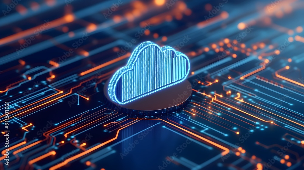 Poster futuristic cloud computing technology concept with glowing lights, representing data storage, networ