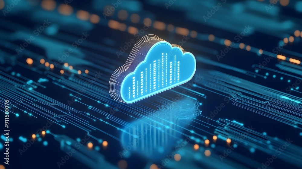 Poster futuristic cloud computing technology illustration showing digital data flow and cybersecurity conce