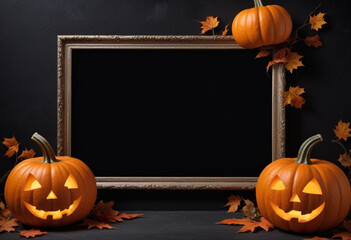 blank mockup black frame, pumpkin decorated, halloween, black background