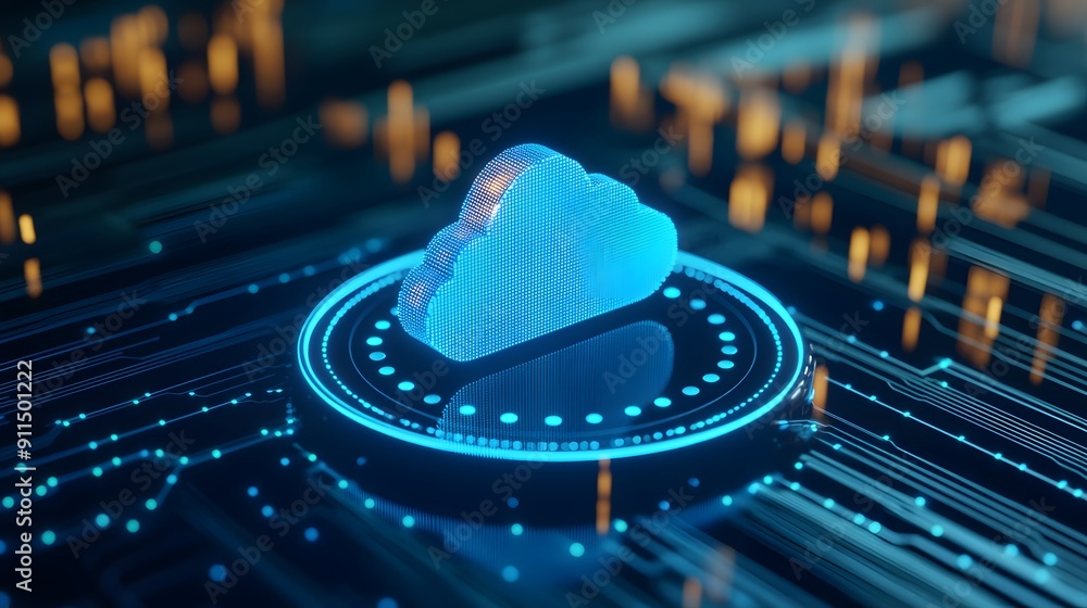 Poster futuristic cloud computing technology representation with glowing cloud icon on a digital grid, symb