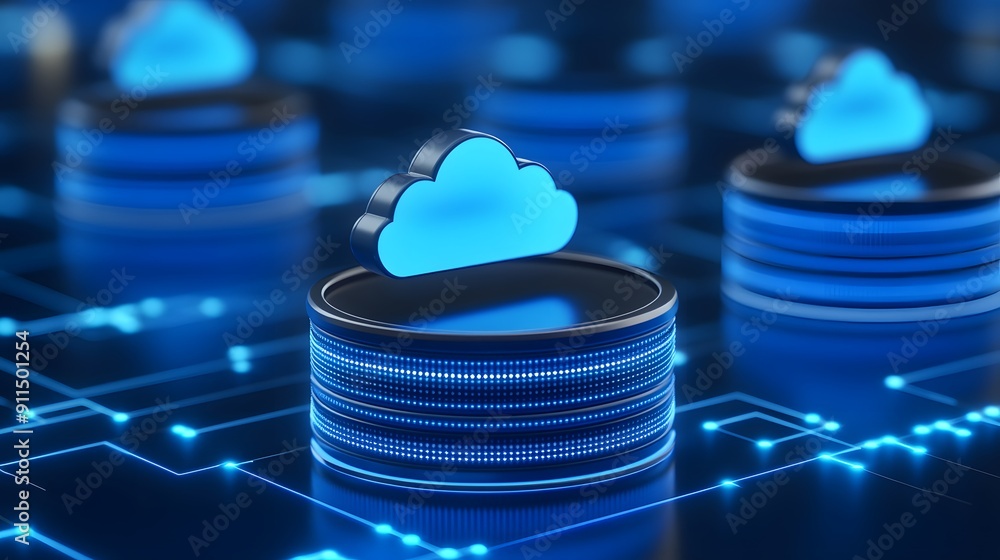 Poster futuristic cloud computing technology with digital data storage concept, glowing blue cloud icons on