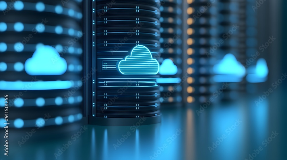 Poster futuristic cloud computing technology with bright blue cloud icons on network servers in a data cent