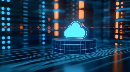 Futuristic cloud computing technology server room with digital data storage icon, blue light effect, and modern data center concept.