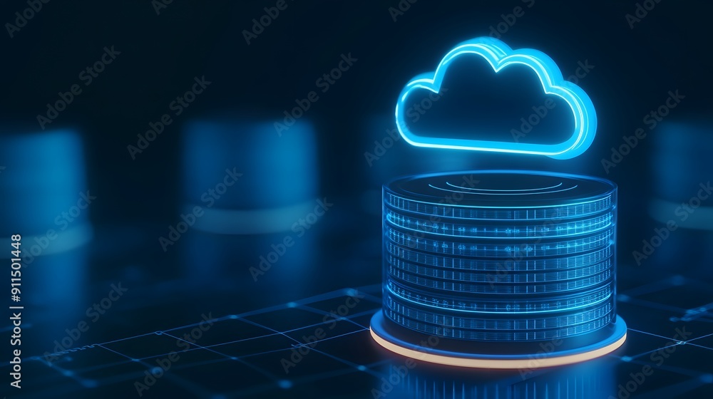 Poster futuristic cloud storage and data center concept with a glowing cloud icon above a stack of server d
