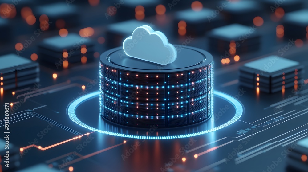 Poster futuristic cloud storage concept with glowing circuits, central server stack, and digital data in a 