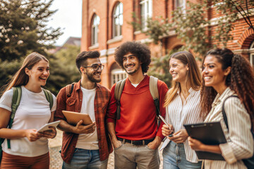 Obraz premium Group of students with backpacks and textbooks near university, college, campus, back to school concept