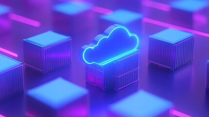 Fototapeta premium Futuristic cloud technology, digital data storage concept with glowing cloud icon and server stacks, neon lighting.
