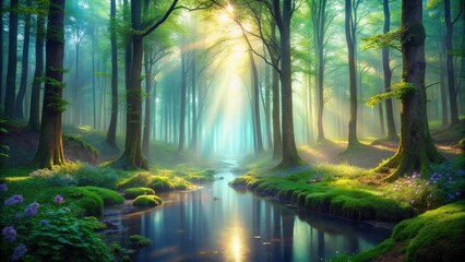 Obraz premium Unearthly Serenity A mystical forest bathed in ethereal light, exuding a sense of tranquility and peace, mystical