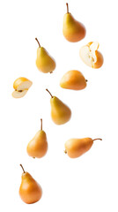 Obraz premium Falling Small Pears isolated on white background, full depth of field, transparent png background