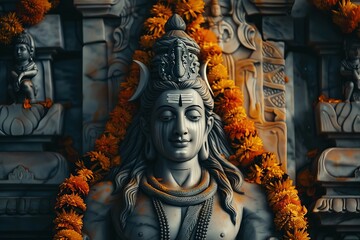 Fototapeta premium Realistic, rustic, grungy and highly detailed lord Shiva statue inside a temple isolated over dark golden color wall carved with flower and ancient architectural design