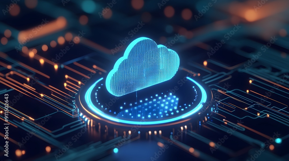 Poster futuristic concept of cloud computing technology with neon lights on a dark circuit board, represent