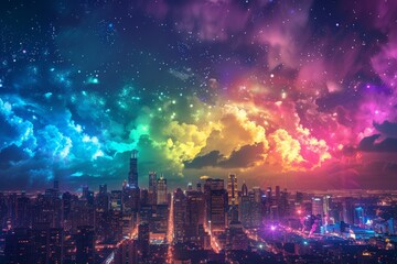 Fototapeta premium A colorful cityscape with a rainbow of clouds and stars in the sky. The city is lit up with lights, creating a vibrant and lively atmosphere