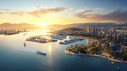 Fototapeta premium Highlight the scenic backdrop of the port, with views of the city skyline, coastal landscape, or nearby mountains, creating a picturesque and contextual setting for the harbor.