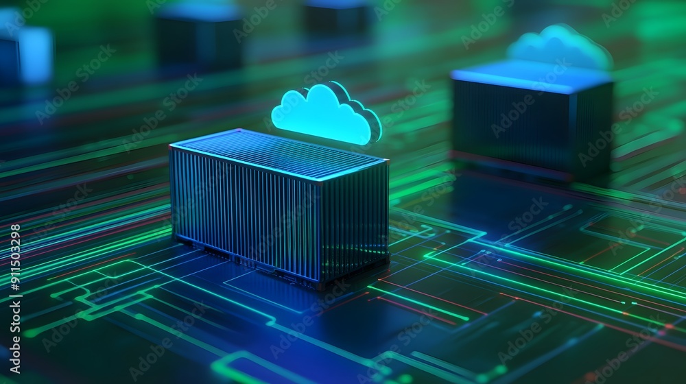 Poster futuristic data storage concept image featuring servers, cloud icons, and digital circuitry in a mod