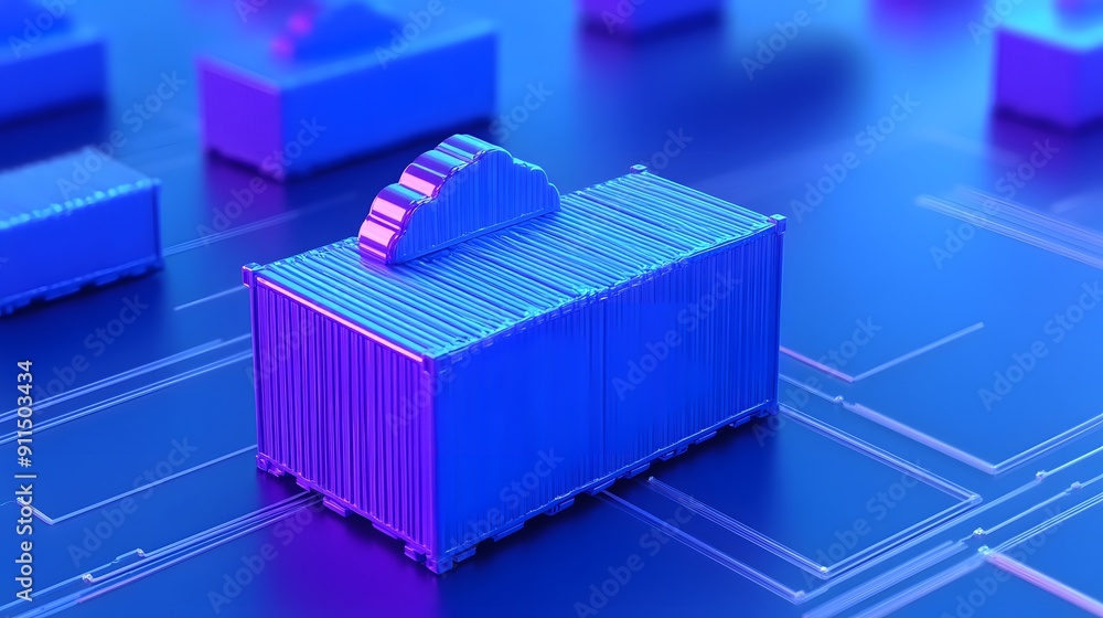 Poster futuristic data storage container with a glowing blue background, representing modern cloud computin