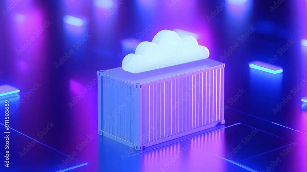 Poster futuristic digital cloud and container technology concept in neon lights, representing data storage 