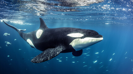 Fototapeta premium A large black and white whale is swimming in the ocean