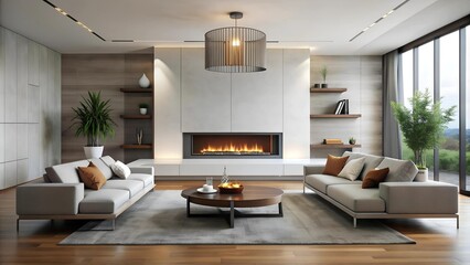 Fototapeta premium Minimalist Modern Living Room with a Sleek Floating Fireplace Generative AI