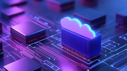 Futuristic digital cloud computing concept with a glowing cloud icon and microchips, representing data storage and technology in vibrant colors.