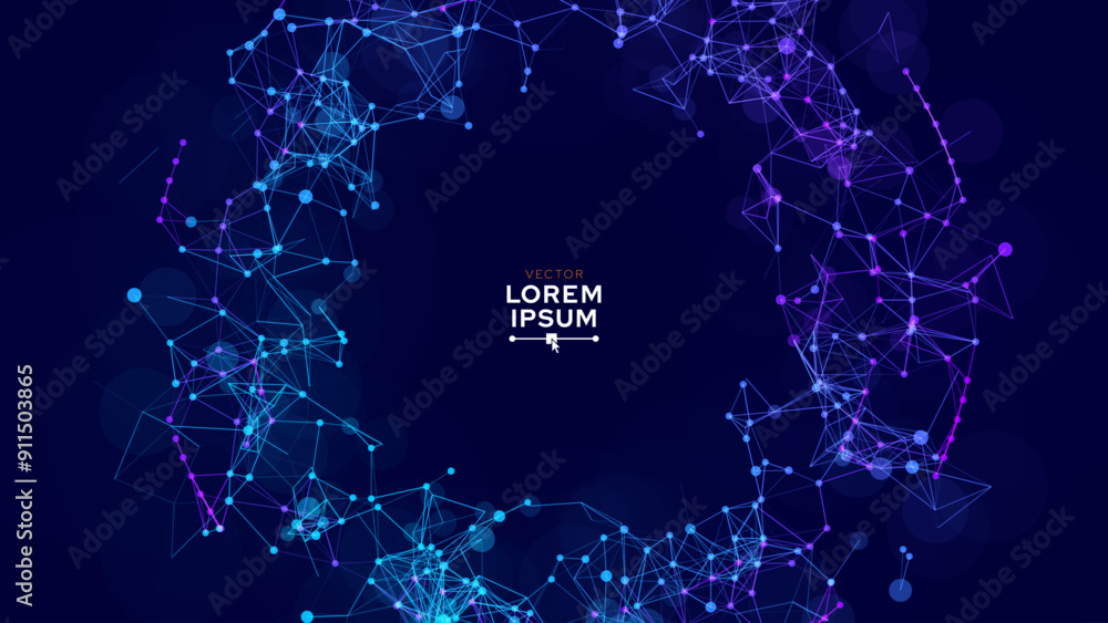 Poster Abstract Connected Dots And Lines Circle Frame Banner. Concept of AI Technology. Digital Data Flow Motion. Communication and Technology Network Connect Concept. Vector Illustration.